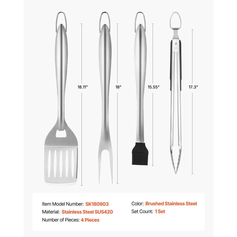 VEVOR Grilling Accessories, 4PCS BBQ Grill Tool Set, Heavy Duty Stainless Steel Barbecue Tools, Kitchen Utensils with Tong, Spatula, Fork, Brush, for Outdoor Grills, Gift for Father Men Husband