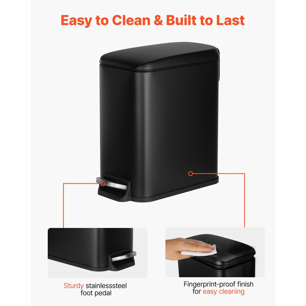 VEVOR Slim Bathroom Trash Can, 11.4 x 5.71 x 10.7 Inch Small Bedroom Trashcan with Step Pedal & Soft Close Lid, 6L Steel Garbage Can with Detachable Inner Bin, for Kitchen, Home, Dorm, Office, Black