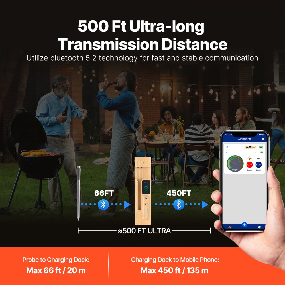 VEVOR Wireless Meat Thermometer, 500 ft Range Wireless Bluetooth Meat Thermometer, Digital Cooking Food Meat Thermometer, Waterproof Smart Meat Probe with One Probe, for Grilling, Smoker, BBQ & Oven