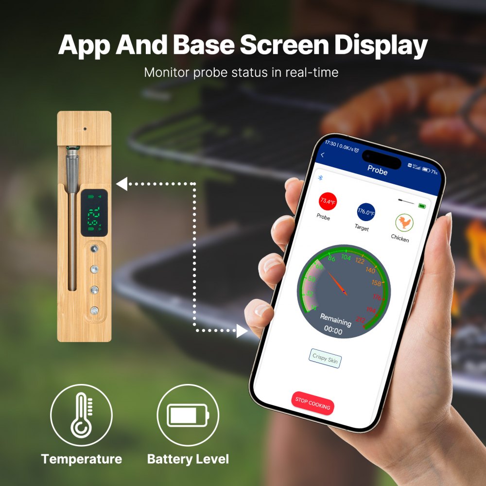 VEVOR Wireless Meat Thermometer, 500 ft Range Wireless Bluetooth Meat Thermometer, Digital Cooking Food Meat Thermometer, Waterproof Smart Meat Probe with One Probe, for Grilling, Smoker, BBQ & Oven