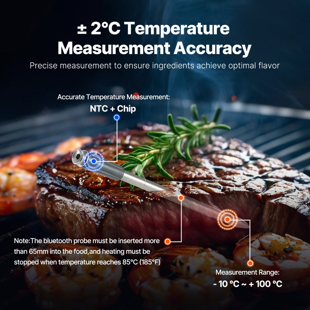 VEVOR Wireless Meat Thermometer, 500 ft Range Wireless Bluetooth Meat Thermometer, Digital Cooking Food Meat Thermometer, Waterproof Smart Meat Probe with One Probe, for Grilling, Smoker, BBQ & Oven