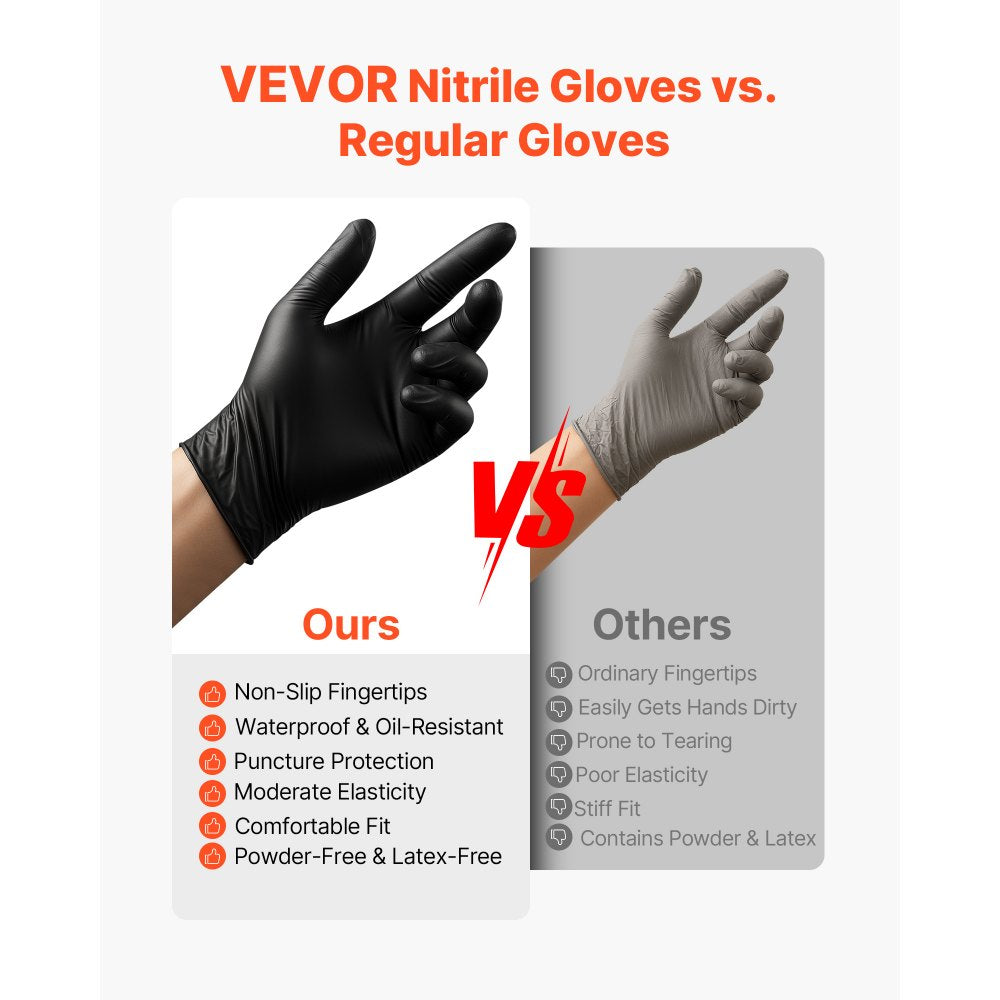 VEVOR Disposable Gloves, 4.5 Mil Black Nitrile Gloves with Textured Fingertips, Latex & Powder-Free, Food-Grade, Puncture Resistance, Ideal for Medical Exams, Cooking and Cleaning, 100 Count, Medium