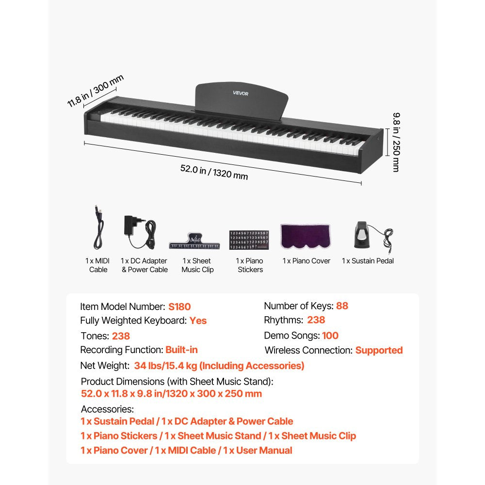VEVOR Weighted Digital Piano, 88 Keys Fully Weighted, Electric Piano Dual Keyboard & Speakers, with Sustain Pedal, Recording Function, 238 Tones, Wireless Connection, for Beginners, Without Stand