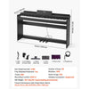 Product dimensions and included accessories overview (MIDI cable, adapter & power cable, sheet music clip, piano stickers, piano cover, headphones)