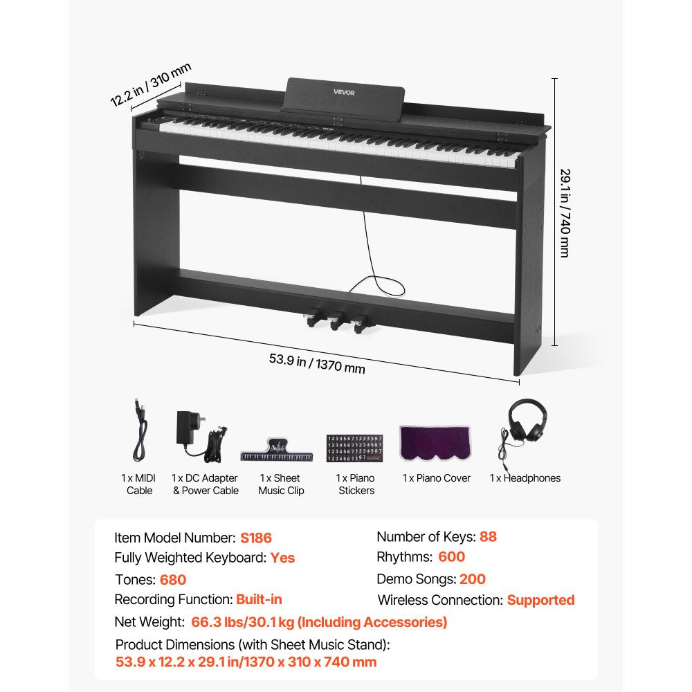 Product dimensions and included accessories overview (MIDI cable, adapter & power cable, sheet music clip, piano stickers, piano cover, headphones)