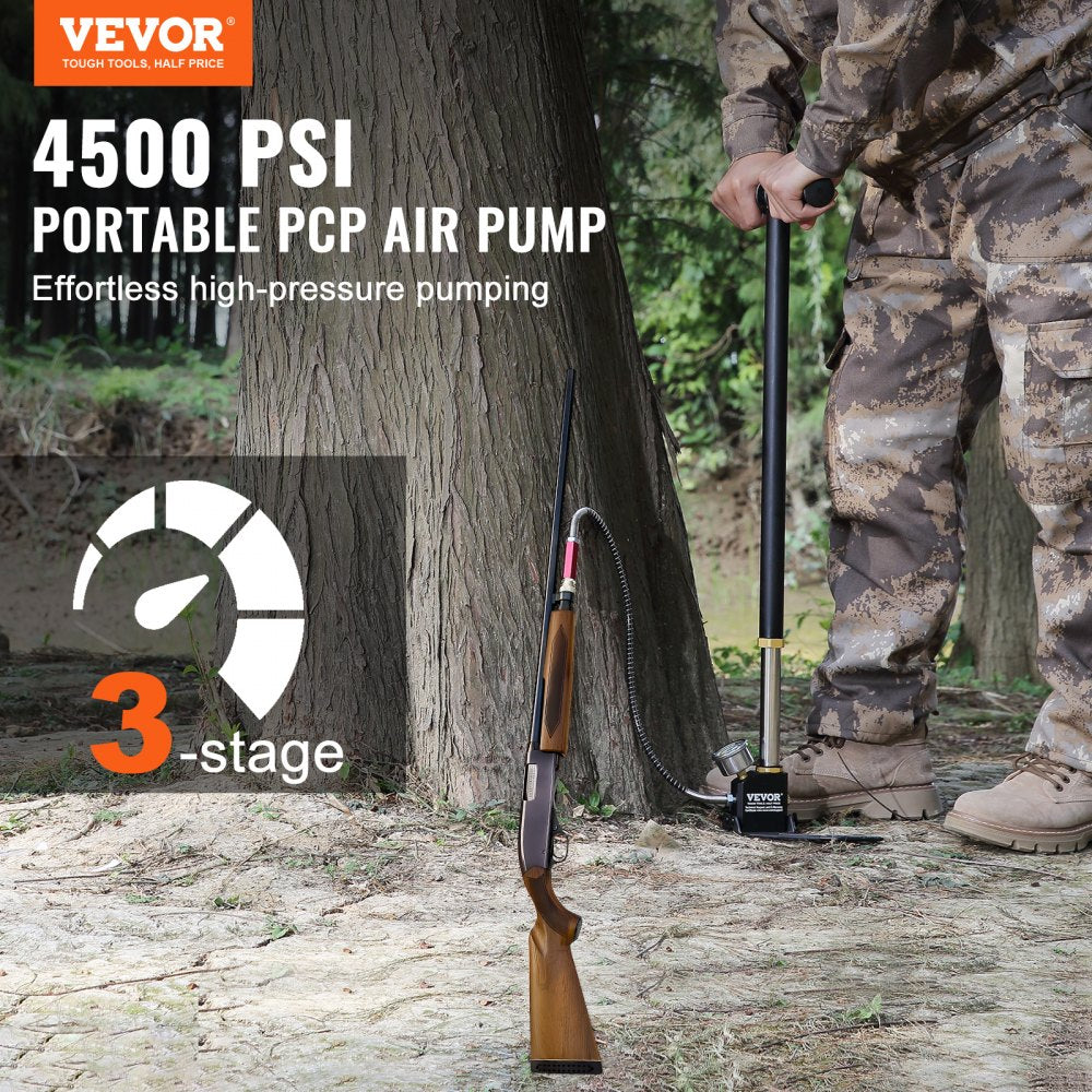 VEVOR PCP Hand Pump, 3 Stage, 30Mpa 4500 PSI High Pressure PCP Air Rifile Filling Stirrup Pump with Oil-Moisture Filter Pressure Gauge, Stainless Steel for Airguns Scuba Tank Paintball Filling Tire