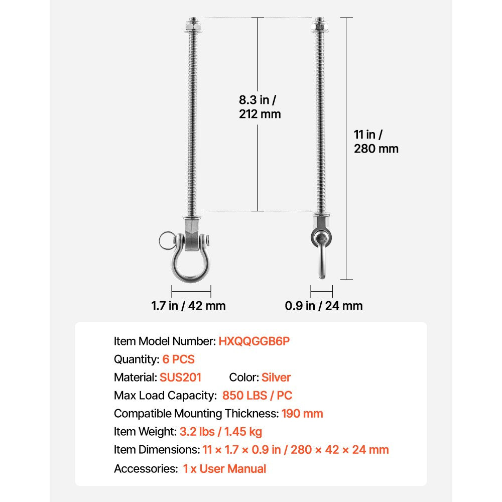 VEVOR Swing Hangers, 6 Pack Heavy Duty Swing Brackets, 850 lbs Each Load Capacity, Smooth Bearing, Stainless Steel Hangers, Ideal for Hammocks Playground Porch Yoga Boxing Bag Indoor Outdoor, Silver