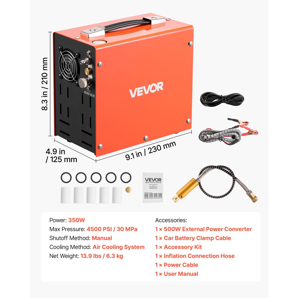VEVOR PCP Air Compressor 4500PSI PCP Airgun Compressor & External Converter, Manual Stop 350W DC12V/AC120V Portable Paintball Tank Compressors for Air Rifle, Scuba Diving Bottle
