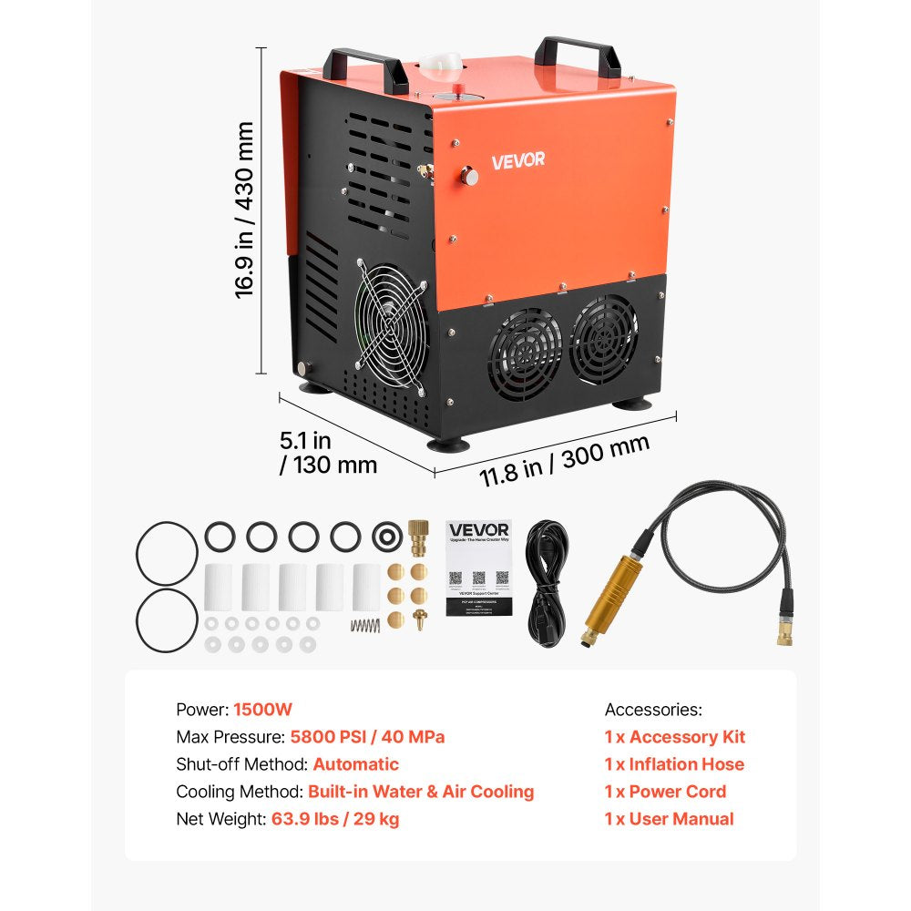 VEVOR PCP Air Compressor, 5800PSI/40MPa High-Pressure PCP Airgun Compressor, 1500W AC120V Auto Stop Paintball Tank Compressor with Water & Fan Cooling, Fast Filling for Air Rifle, Scuba Diving Bottles