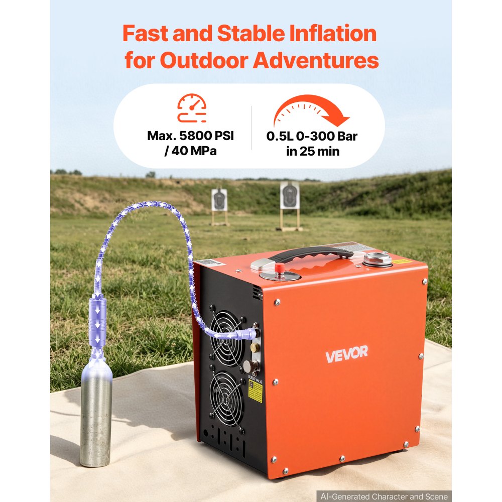 VEVOR PCP Air Compressor, 5800PSI/40 MPa PCP Airgun Compressor Auto Stop with Built-in Converter, Water & Fan Cooling, 350W DC12V/AC120V Portable Paintball Tank Compressor for Air Rifle, Scuba Bottles
