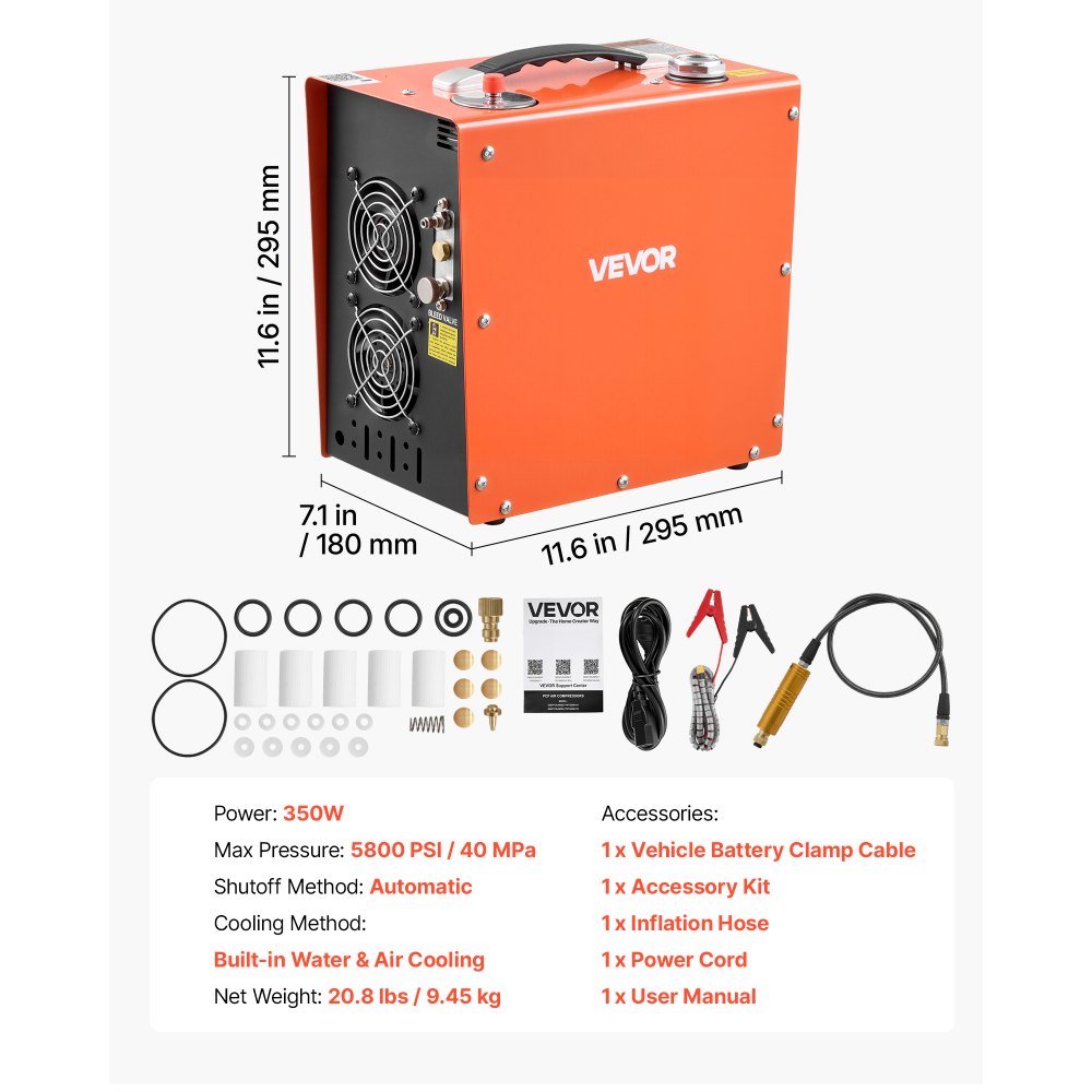 VEVOR PCP Air Compressor, 5800PSI/40 MPa PCP Airgun Compressor Auto Stop with Built-in Converter, Water & Fan Cooling, 350W DC12V/AC120V Portable Paintball Tank Compressor for Air Rifle, Scuba Bottles