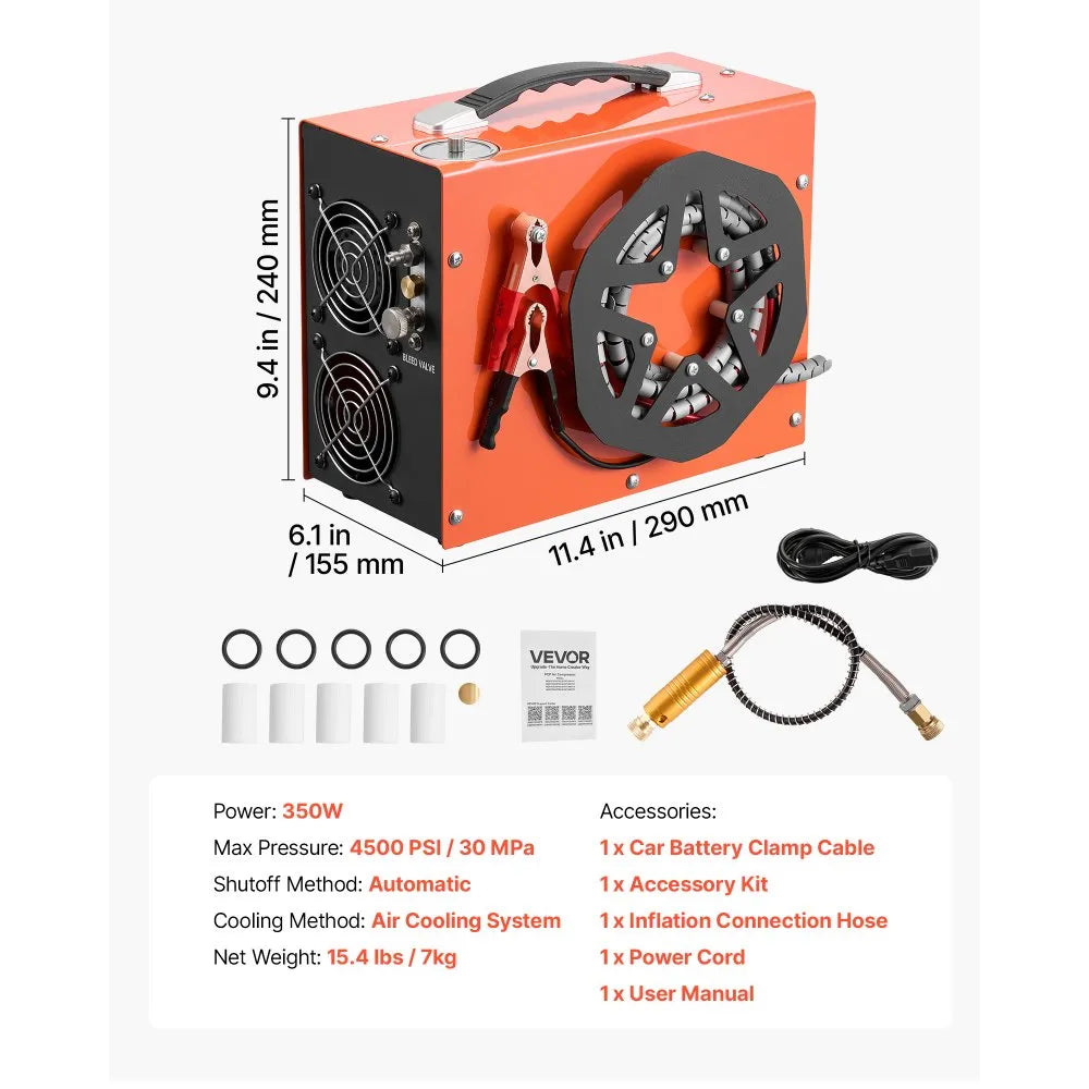 VEVOR PCP Air Compressor 4500PSI PCP Airgun Compressor & Built-in Converter, Auto Stop 350W DC12V/AC120V Portable Paintball Tank Compressors for Air Rifle, Scuba Diving Bottle