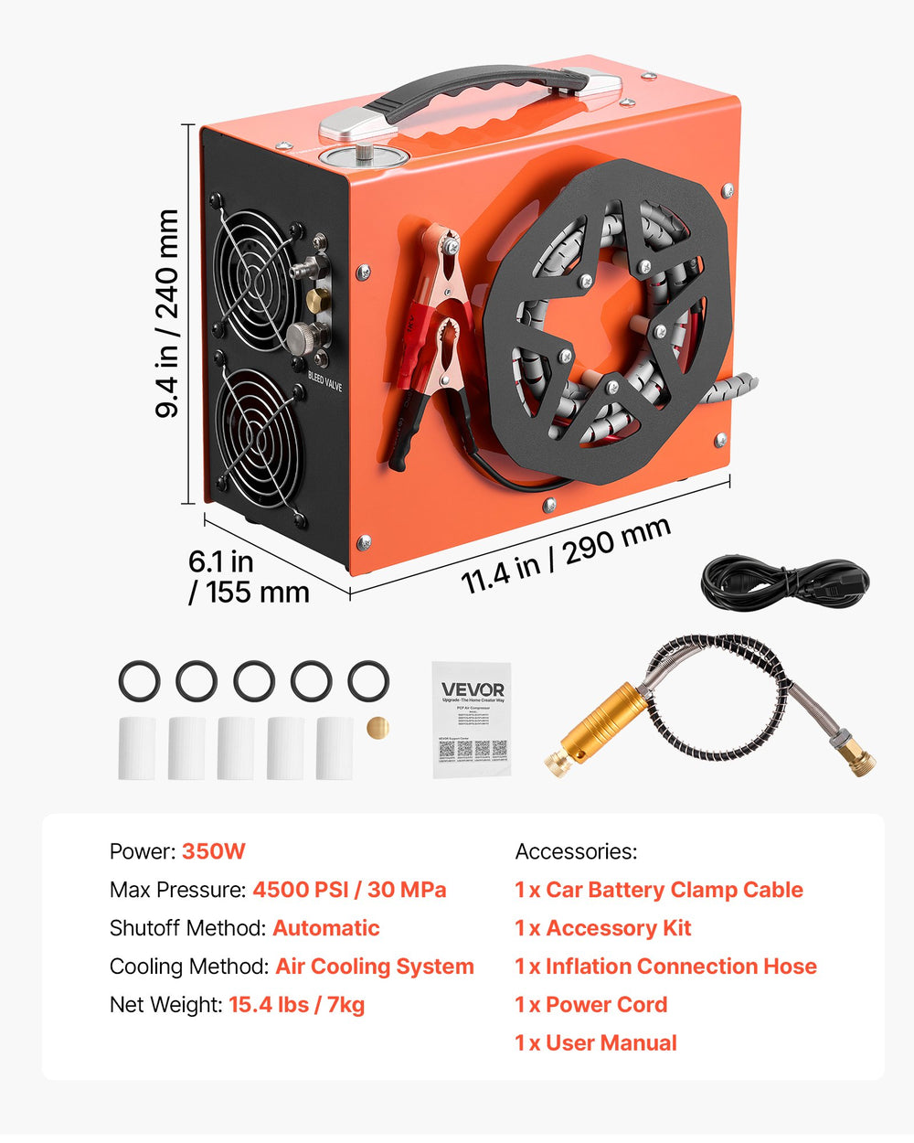 VEVOR PCP Air Compressor 4500PSI PCP Airgun Compressor & Built-in Converter, Auto Stop 350W DC12V/AC120V Portable Paintball Tank Compressors for Air Rifle, Scuba Diving Bottle