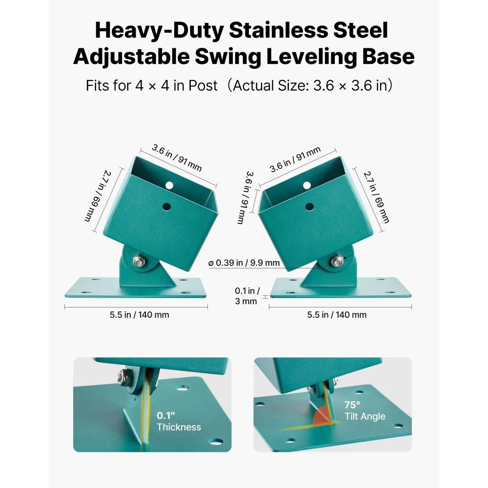 VEVOR Swing Set Brackets, 4 Pack Heavy Duty Swing Set Leveling Hardware, Fits 4 x 4 in Post (Actual 3.6 x 3.6 in), 45°-60° Angle Range, Stainless Steel Anchor Level Kit on Uneven Grass Wooden Ground