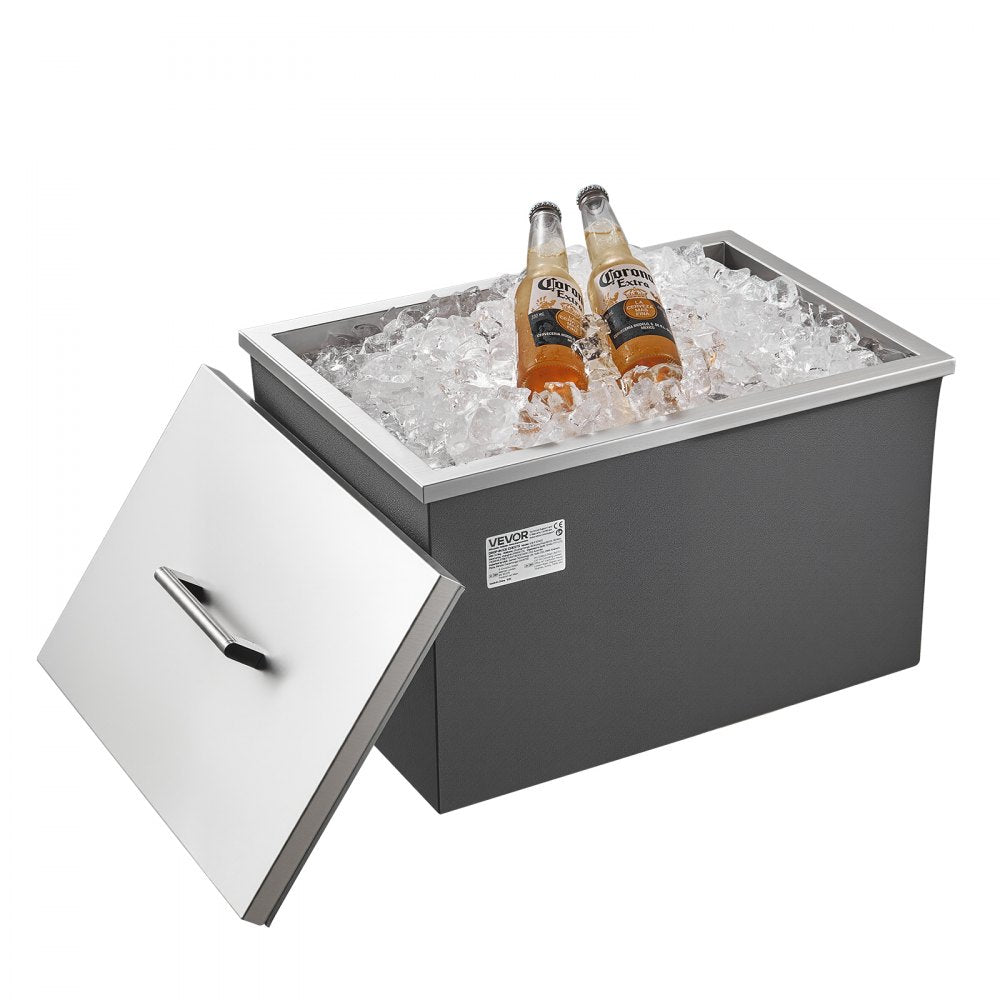VEVOR Drop in Ice Chest, 20"L x 14"W x 12"H Stainless Steel Drop in Cooler, 31.7 Quart Commercial Ice Bin with Pot Lid for Outdoor Kitchen Patio Bar, Drain-pipe Set Included, for Cold Wine Beer