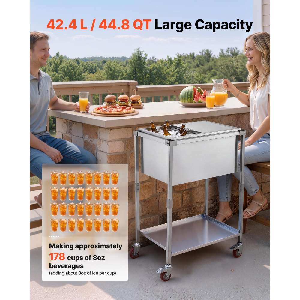 VEVOR Rolling Ice Chest Cooler Cart Stainless Steel Cooling Bin 44.8 Quart, Outdoor Stand Up Cooler Trolley with Wheels, Sliding Lid, Shelf, for Patio Backyard Party Bar Cold Drinks, 26x19.9x38.8 in
