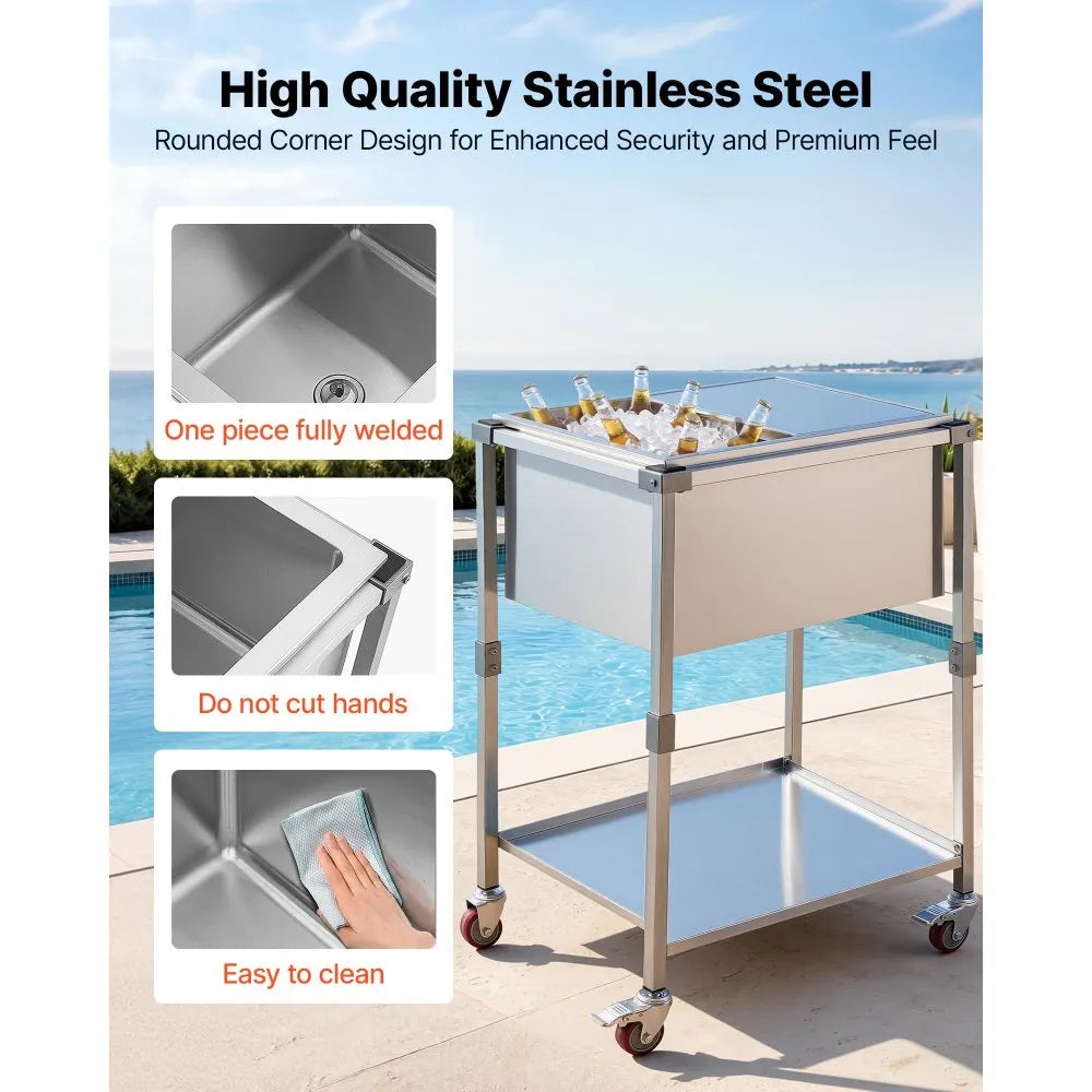 VEVOR Rolling Ice Chest Cooler Cart Stainless Steel Cooling Bin 44.8 Quart, Outdoor Stand Up Cooler Trolley with Wheels, Sliding Lid, Shelf, for Patio Backyard Party Bar Cold Drinks, 26x19.9x38.8 in