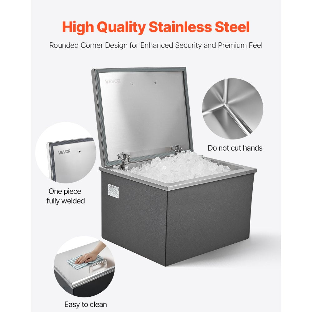 VEVOR Drop in Ice Chest, 20"L x 16"W x 13"H Stainless Steel Drop in Cooler, 44.7 Quart Commercial Ice Bin with Flip Lid for Outdoor Kitchen Patio Bar, Drain-pipe Set Included, for Cold Wine Beer
