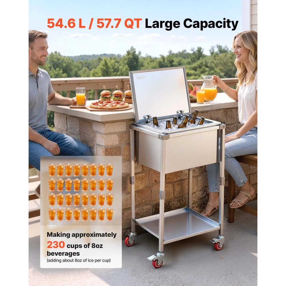 VEVOR Rolling Ice Chest Cooler Cart Stainless Steel Cooling Bin 57.7 Quart, Outdoor Stand Up Cooler Trolley with Wheels, Flip Lid, and Shelf, for Patio Backyard Party Bar Cold Drinks, 22x17.9x39.5 in
