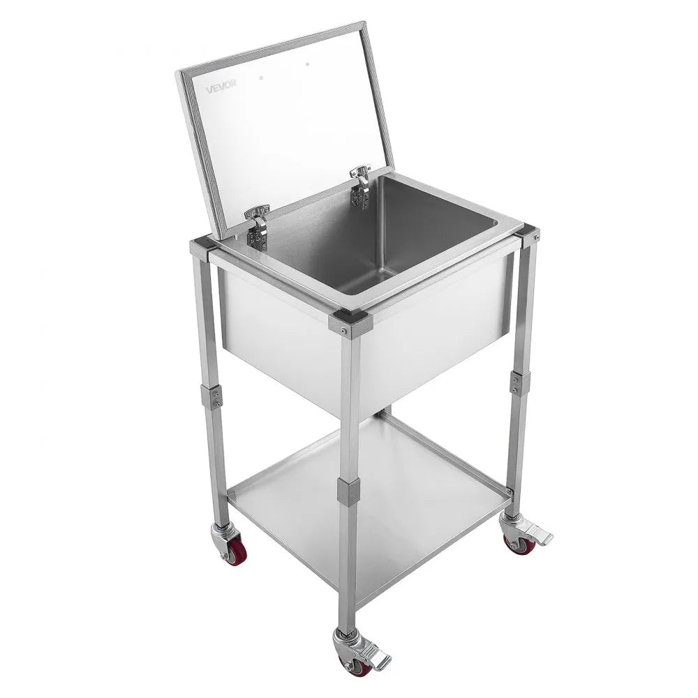 VEVOR Rolling Ice Chest Cooler Cart Stainless Steel Cooling Bin 57.7 Quart, Outdoor Stand Up Cooler Trolley with Wheels, Flip Lid, and Shelf, for Patio Backyard Party Bar Cold Drinks, 22x17.9x39.5 in