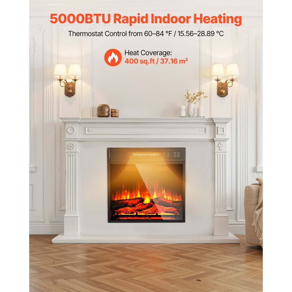 VEVOR Electric Fireplace Insert, 18 inch Recessed and Wall Mounted with Adjustable 3 Flame Brightness Levels & 24h Timer & Remote Control, Indoor Heater w/ Overheat Protection, 5000BTU Black