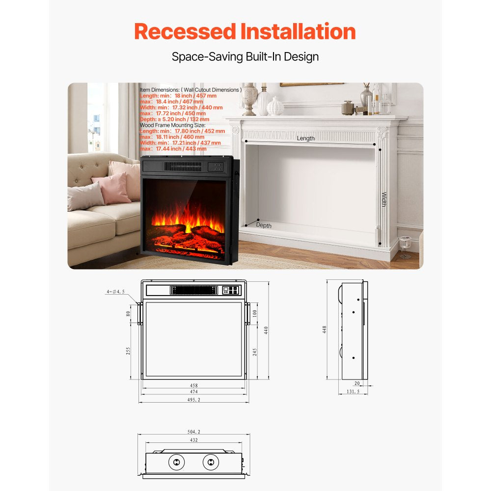 VEVOR Electric Fireplace Insert, 18 inch Recessed and Wall Mounted with Adjustable 3 Flame Brightness Levels & 24h Timer & Remote Control, Indoor Heater w/ Overheat Protection, 5000BTU Black