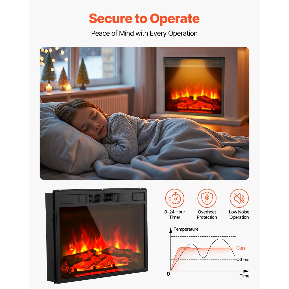 VEVOR Electric Fireplace Insert, 23 inch Recessed and Wall Mounted with Adjustable 3 Flame Brightness Levels & 24h Timer & Remote Control, Indoor Heater w/ Overheat Protection, 5000BTU Black