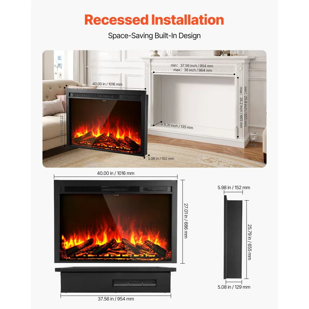 VEVOR Electric Fireplace Insert, 40 inch Recessed and Wall Mounted with Adjustable Flame Color Brightness & 8h Timer & Remote Control, Indoor Heater w/ 750W/1500W Dual Heating Modes, 5000BTU Black