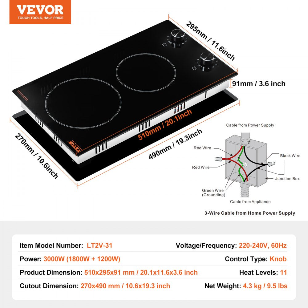VEVOR Electric Cooktop, 12 inch 2 Burners Built-in Electric Stove Top, 3000W Ceramic Top Radiant Cooktop, with Glass Panel, Knob Control, 11 Heat Levels, 220-240V, Hard Wire (No Plug)