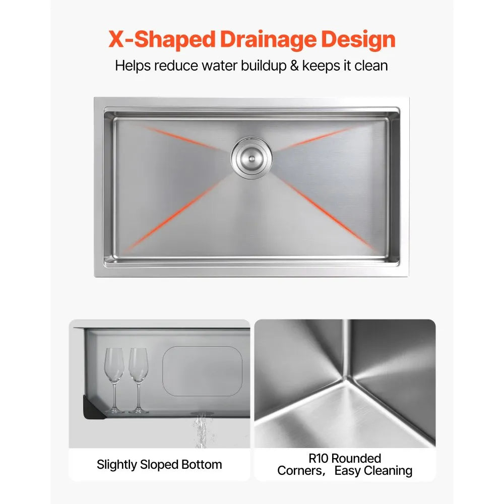 VEVOR 33-inch Kitchen Undermount Single Bowl Sinks, Stainless Steel Drop-In Farmhouse Basin with Ledge & Accessories, Household Dishwasher Sinks for RV, Prep Kitchen, Laundry Room, Bar