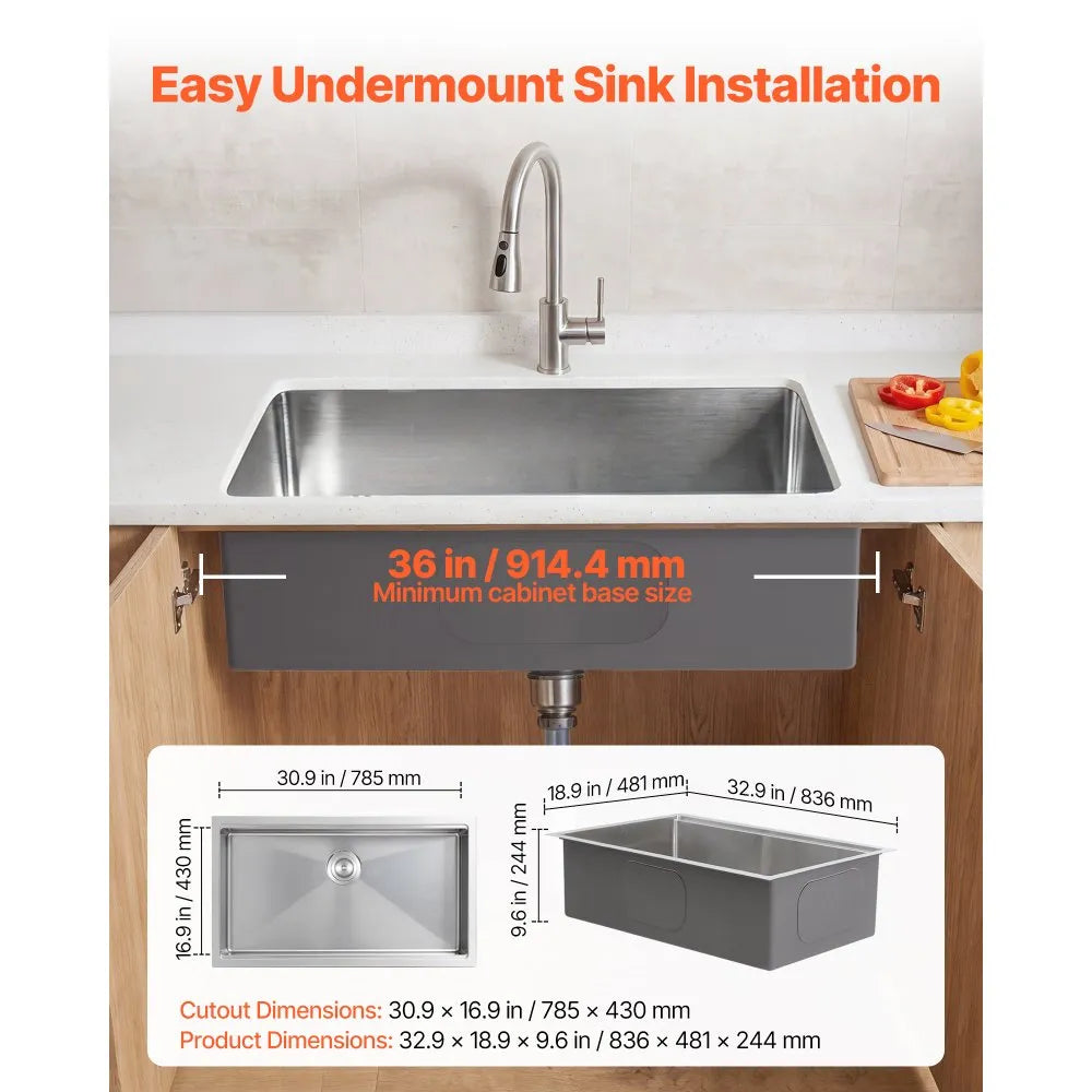 VEVOR 33-inch Kitchen Undermount Single Bowl Sinks, Stainless Steel Drop-In Farmhouse Basin with Ledge & Accessories, Household Dishwasher Sinks for RV, Prep Kitchen, Laundry Room, Bar