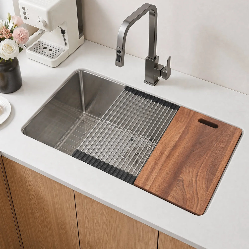 VEVOR 33-inch Kitchen Undermount Single Bowl Sinks, Stainless Steel Drop-In Farmhouse Basin with Ledge & Accessories, Household Dishwasher Sinks for RV, Prep Kitchen, Laundry Room, Bar
