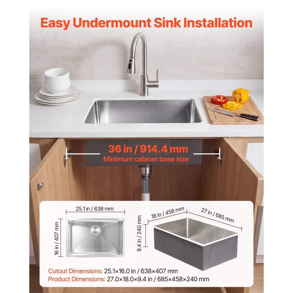 VEVOR 27-inch Kitchen Undermount Single Bowl Sinks, Stainless Steel Drop-In Farmhouse Basin with Accessories, Household Dishwasher Sinks for RV, Prep Kitchen, Laundry Room, Bar