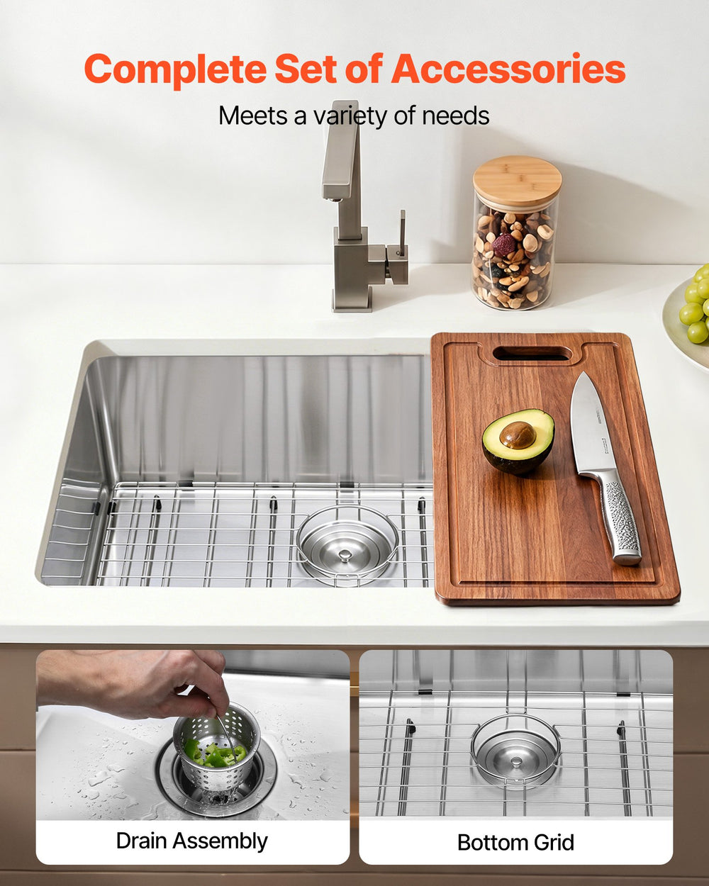 VEVOR 27-inch Kitchen Undermount Single Bowl Sinks, Stainless Steel Drop-In Farmhouse Basin with Accessories, Household Dishwasher Sinks for RV, Prep Kitchen, Laundry Room, Bar