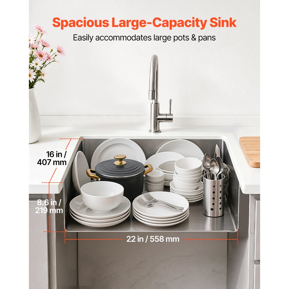 VEVOR 24-inch Kitchen Undermount Single Bowl Sinks, Stainless Steel Drop-In Farmhouse Basin with Accessories, Household Dishwasher Sinks for RV, Prep Kitchen, Laundry Room, Bar