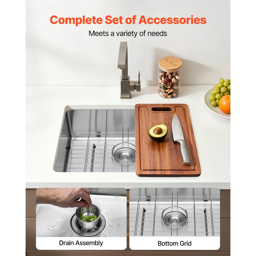 VEVOR 24-inch Kitchen Undermount Single Bowl Sinks, Stainless Steel Drop-In Farmhouse Basin with Accessories, Household Dishwasher Sinks for RV, Prep Kitchen, Laundry Room, Bar