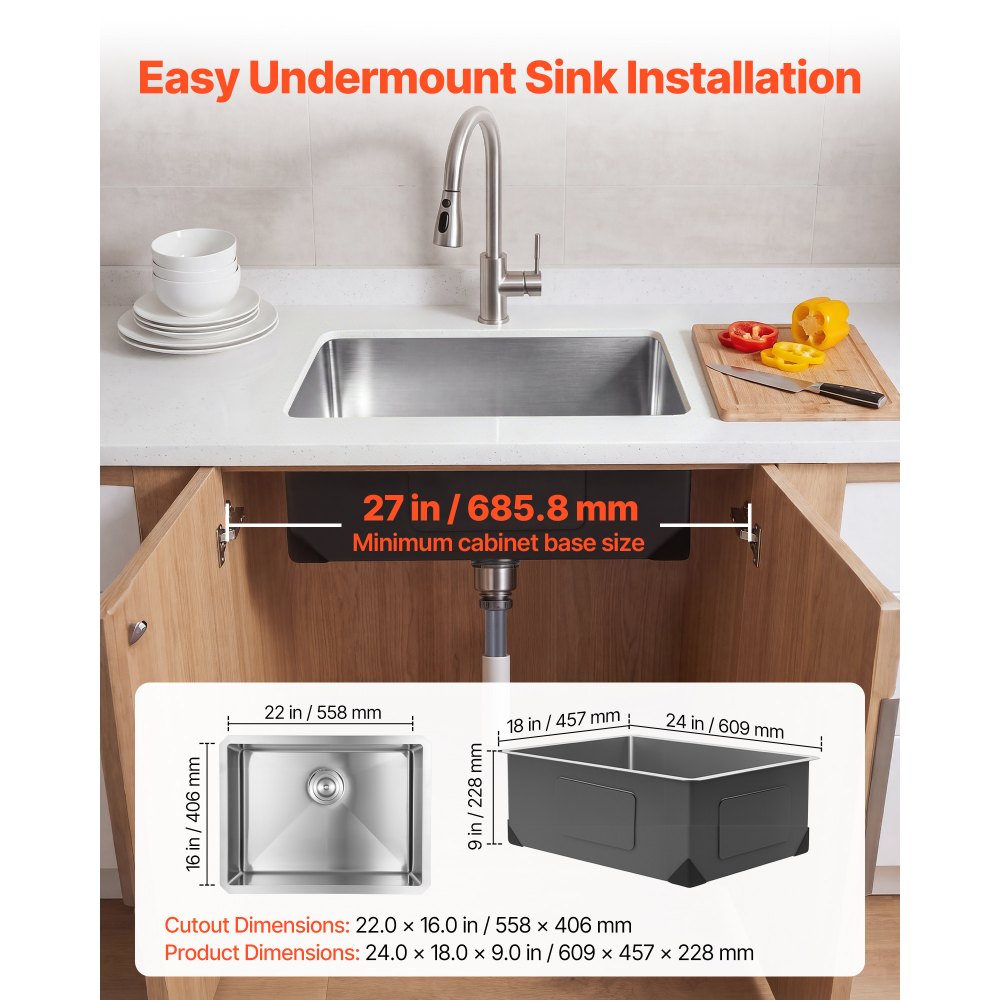 VEVOR 24-inch Kitchen Undermount Single Bowl Sinks, Stainless Steel Drop-In Farmhouse Basin with Accessories, Household Dishwasher Sinks for RV, Prep Kitchen, Laundry Room, Bar