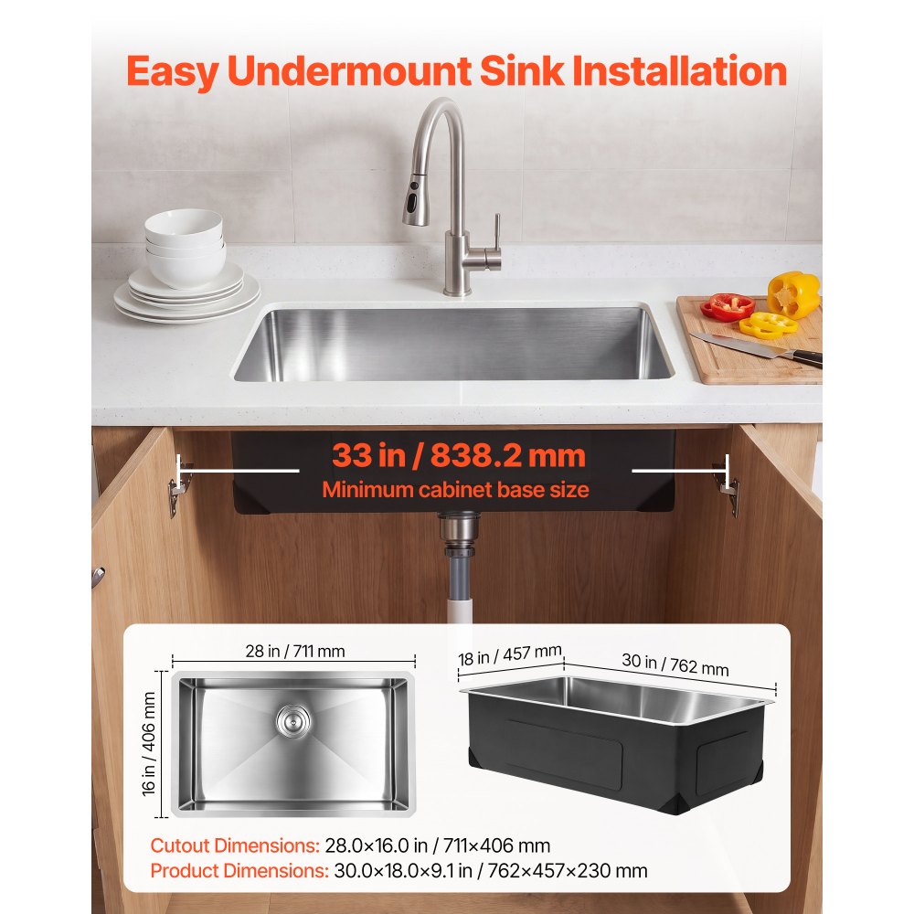VEVOR 30-inch Kitchen Undermount Single Bowl Sinks, Stainless Steel Drop-In Farmhouse Basin with Accessories, Household Dishwasher Sinks for RV, Prep Kitchen, Laundry Room, Bar