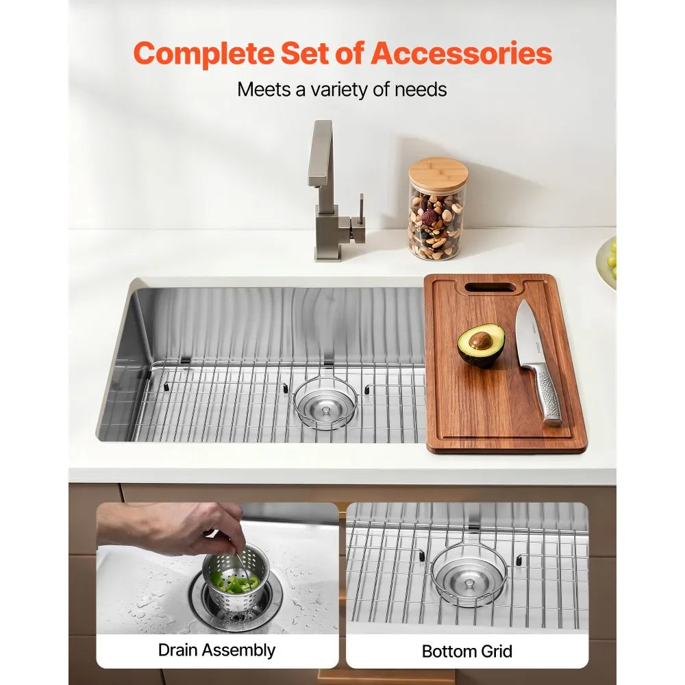 VEVOR 32-inch Kitchen Undermount Single Bowl Sinks, Stainless Steel Drop-In Farmhouse Basin with Accessories, Household Dishwasher Sinks for RV, Prep Kitchen, Laundry Room, Bar
