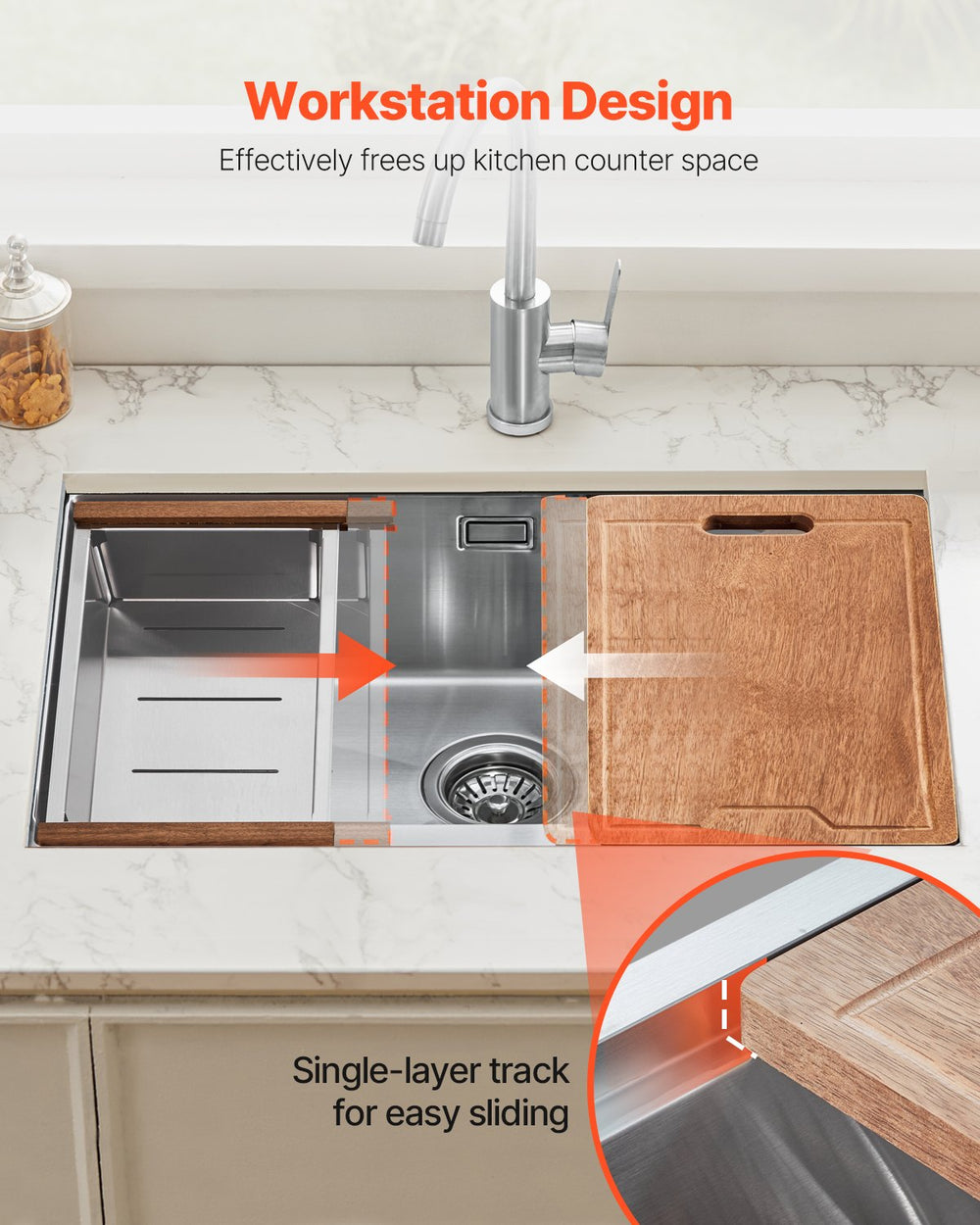 VEVOR 27 inch Kitchen Sink Workstation, 304 Stainless Steel Undermount Sink, Drop-In Single Bowl Farmhouse Basin with Ledge & Multiple Accessories, Household Dishwasher Sinks for RV, Prep Kitchen, Bar