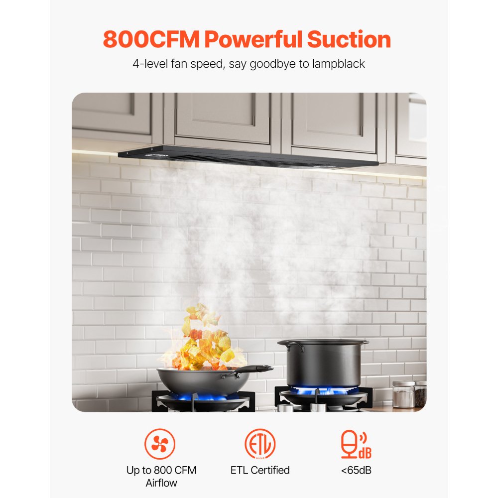 VEVOR Range Hood Insert, 30 Inch Built-in Kitchen Vent Hood, 800CFM  Steel Stove Hood, with Gesture & Touch Control, LED Light, Baffle Filters, 4-Speed Exhaust Fan, Ducted/Ductless Convertible