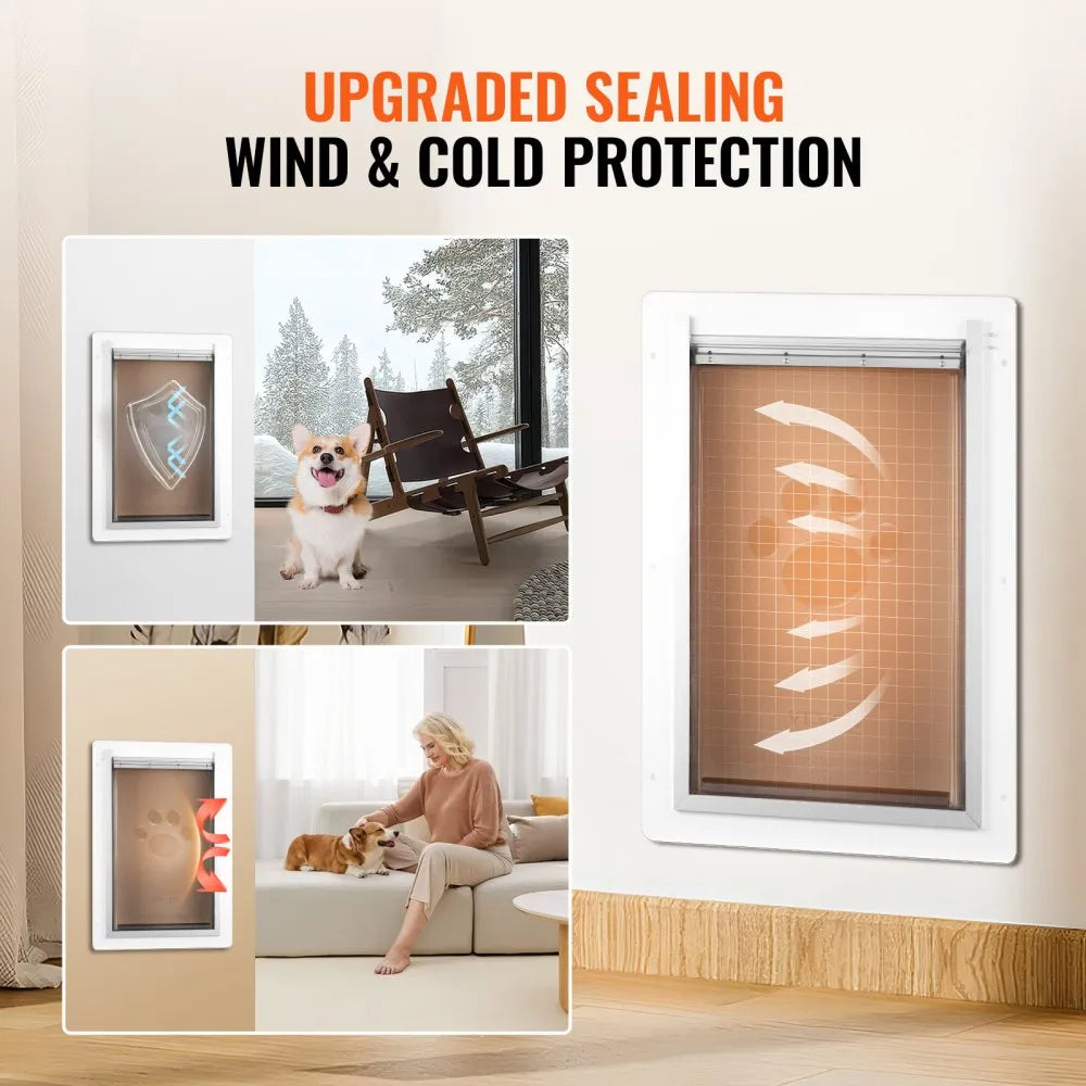 VEVOR Pet Door, 12.28" x 17.13" Metal Frame with Lock and 3-Flap System Weatherproof Doggy Door, Easy to Install in Interior or Exterior Walls, Pet Door Suitable for Cat Doggie Kitties (White-Medium)