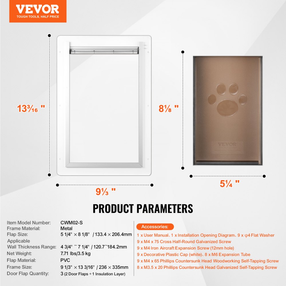 VEVOR Pet Door, 9.29" x 13.19" Metal Frame with Lock and 3-Flap System, Weatherproof Doggy Door, Easy to Install in Interior or Exterior Walls, Pet Door Suitable for Cat Doggie Kitties (White-Small)
