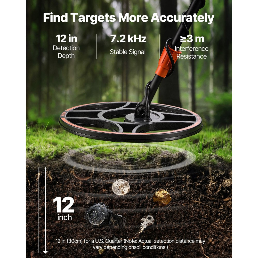 VEVOR Waterproof Metal Detector, 12", Professional High Accuracy Gold Detector for Adults, with Display, Wireless Headphones, 7 Modes, Adjustable Length, for Detecting Gold Treasure Hunting, IP68