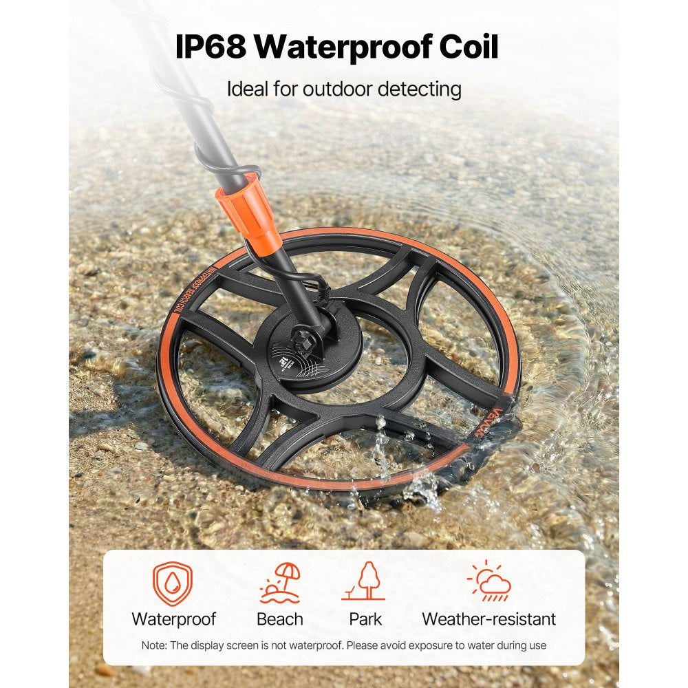 VEVOR Waterproof Metal Detector, 12", Professional High Accuracy Gold Detector for Adults, with Display, Wireless Headphones, 7 Modes, Adjustable Length, for Detecting Gold Treasure Hunting, IP68