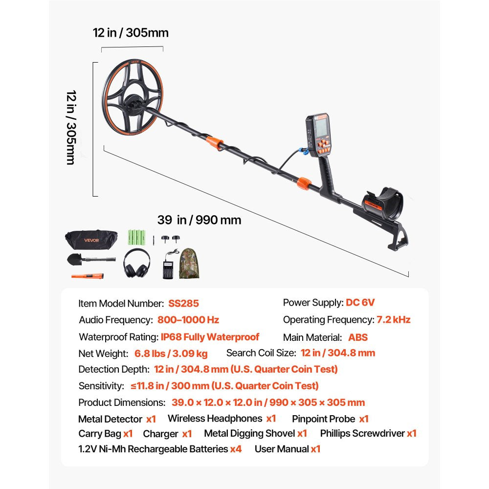 VEVOR Waterproof Metal Detector, 12", Professional High Accuracy Gold Detector for Adults, with Display, Wireless Headphones, 7 Modes, Adjustable Length, for Detecting Gold Treasure Hunting, IP68