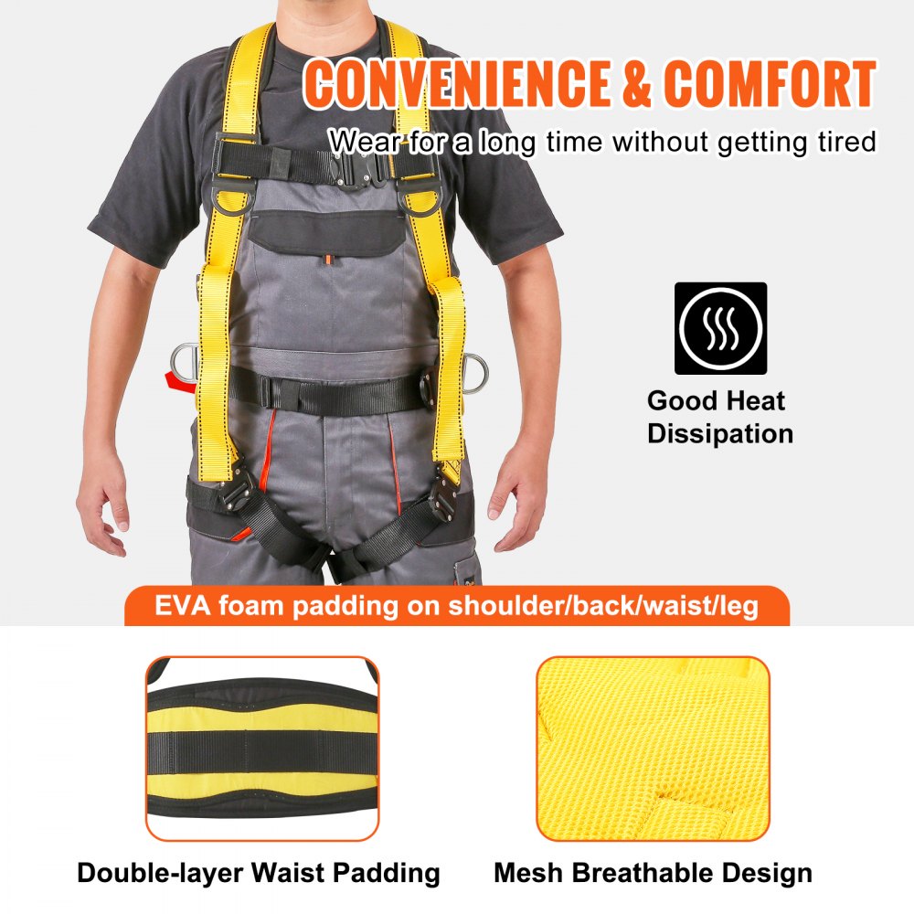 VEVOR Safety Harness, Full Body Harness, Safety Harness Fall Protection with Added Padding, and Side Rings and Dorsal D-Rings and a Lanyard, ANSI/ASSE Z359.11-2014, 160 lbs Max Weight, S