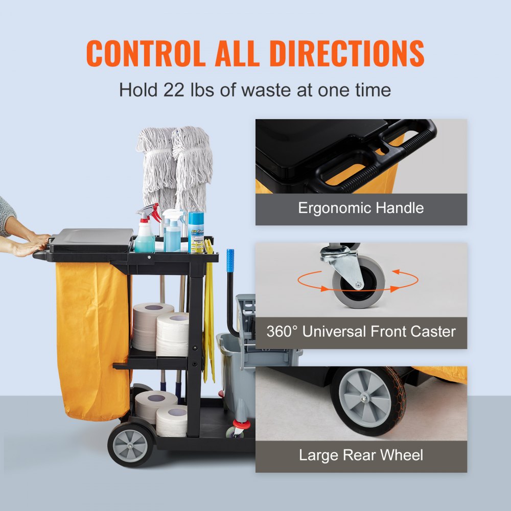 VEVOR Cleaning Cart, 3-Shelf Commercial Janitorial Cart, 200 lbs Capacity Plastic Housekeeping Cart, with 25 Gallon PVC Bag and Cover, 47 x 20 x 38.6in, Yellow&Black