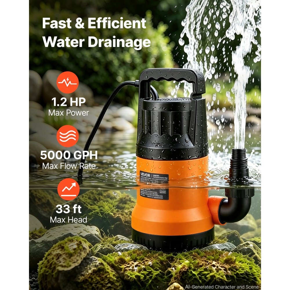VEVOR Submersible Water Pump with 25 ft Hose 1.2 HP 5000 GPH Sump Pump, Portable Water Removal, Thermoplastic Material, for Swimming Pool Draining Garden Ponds Hot Tubs Basements, IPX8 Waterproof