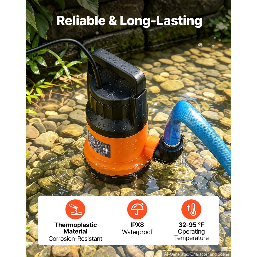 VEVOR Submersible Water Pump with 25 ft Hose 1.2 HP 5000 GPH Sump Pump, Portable Water Removal, Thermoplastic Material, for Swimming Pool Draining Garden Ponds Hot Tubs Basements, IPX8 Waterproof